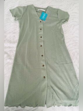 V-Neck Sage Green Button-Front Midi Dress